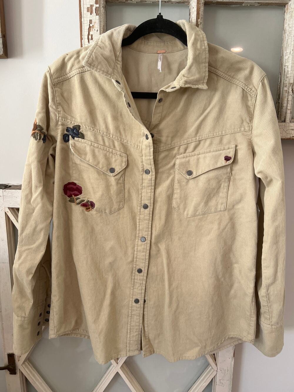 NWT Free People size small beige corduroy shirt with embroidery
